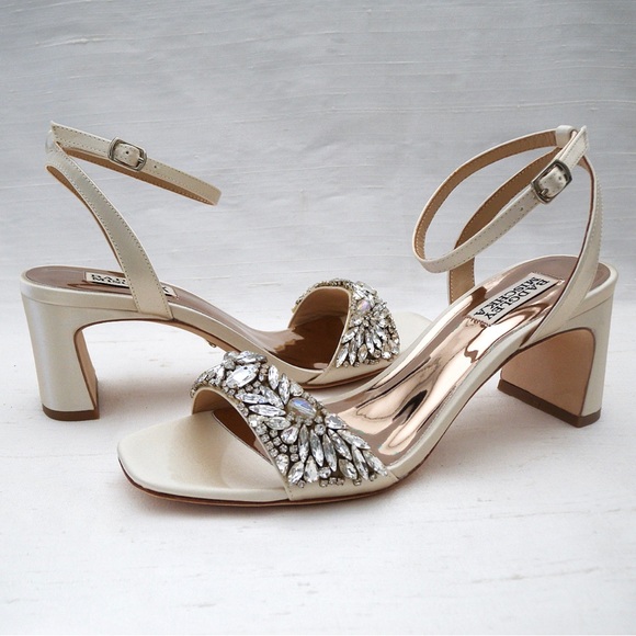 Badgley Mischka Marsha, Block Heel Rhinestone Sandals in Ivory Satin - Picture 4 of 14